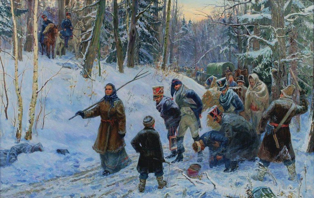 В 1812 г Россия вела Великую  освободительную Отечественную войну с Наполеоном, народ организовывал партизанские отряды, которые захватывали обозы с провиантом, и брали в плен французских солдат