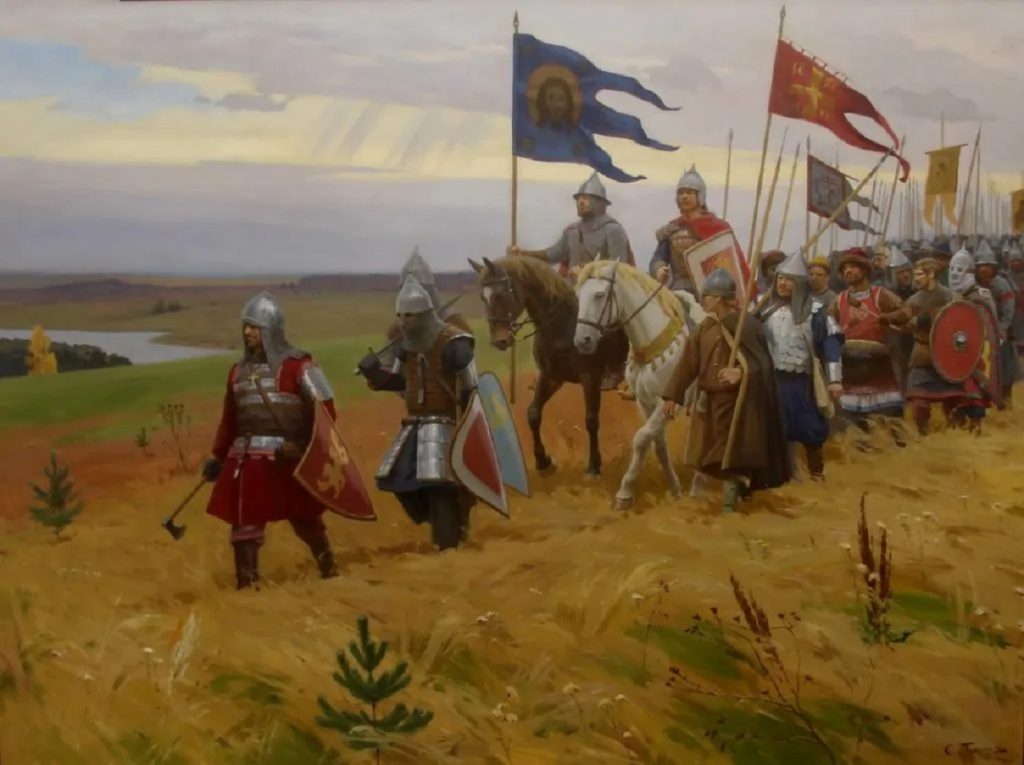 Дмитрий Донской вел войско на Куликово поле где должна была произойти Куликовская битва Донского с войском Хана Мамая.